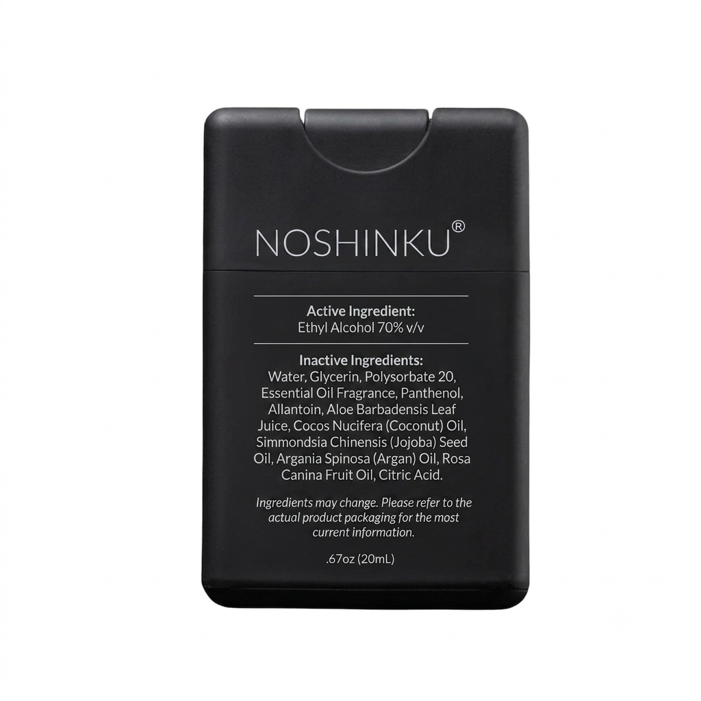 A black rectangular Noshinku card holder or wallet with white text displaying active and inactive ingredients on a clean white background.