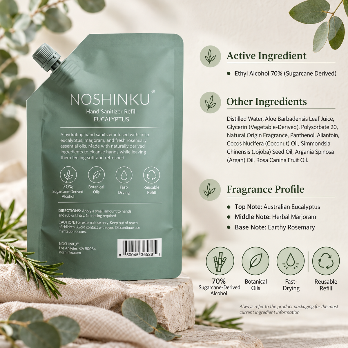 Noshinku Eucalyptus Hand Sanitizer Refill Pouch