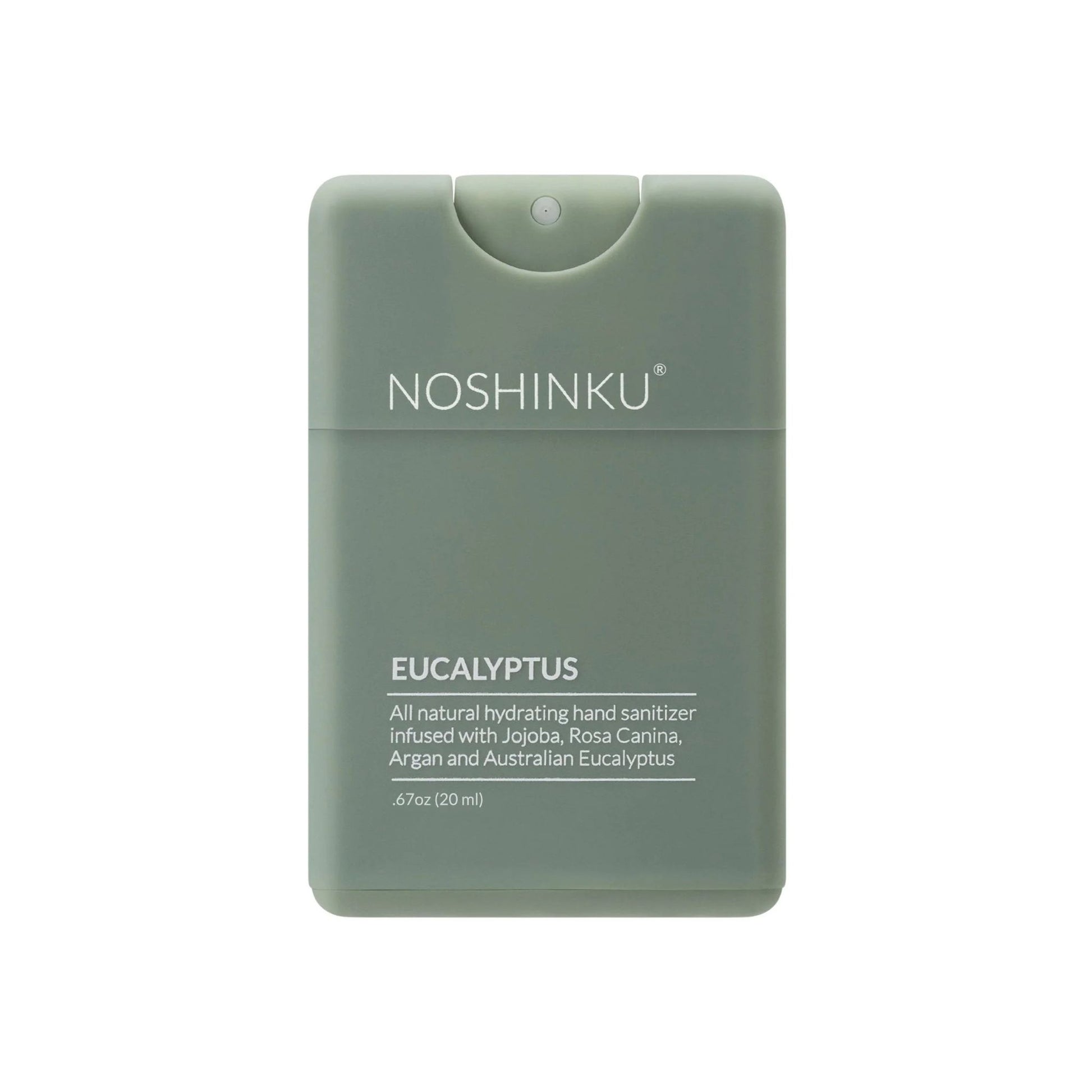 Noshinku Eucalyptus hand sanitizer in a rectangular, matte sage green plastic bottle with a flip-top cap, shown on a plain white background.