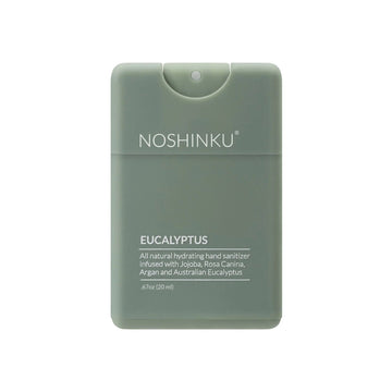 Noshinku Eucalyptus hand sanitizer in a rectangular, matte sage green plastic bottle with a flip-top cap, shown on a plain white background.