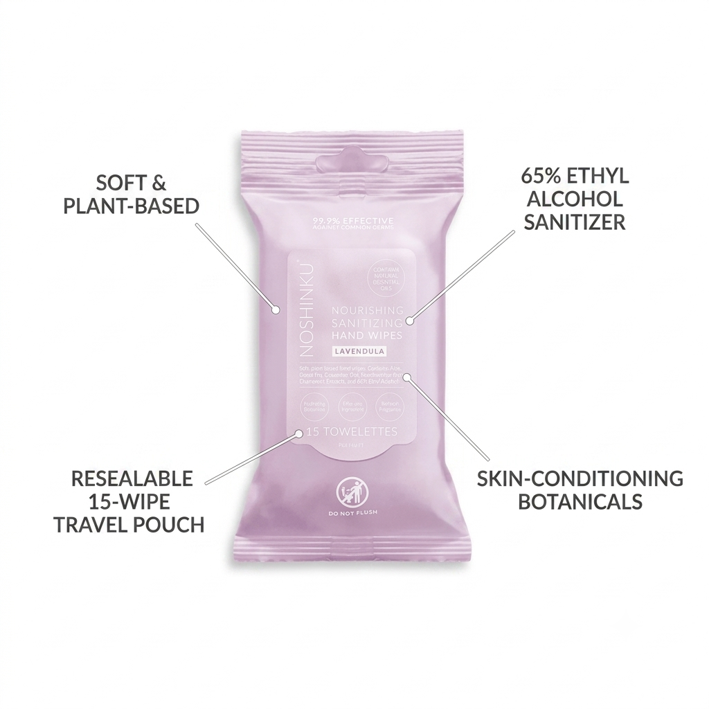 A single packet of Nushiku skin-wiping wipes in a soft lavender pouch, shown on a white background with callout lines and text describing features: soft and plant-based, 65% ethyl alcohol sanitizer, resealable 15-wipe travel pouch, and skin-conditioning botanicals.