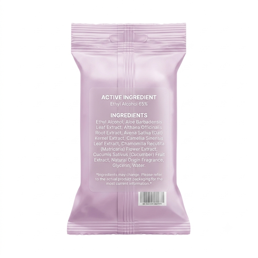 The back of a light purple resealable pouch showing product information, ingredients, and a barcode on a plain white background.