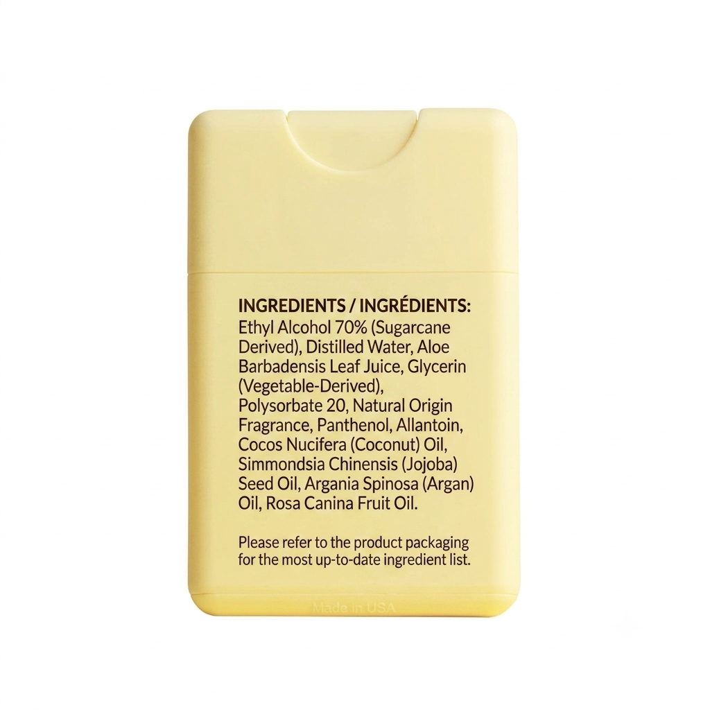 A pale yellow rectangular product container with a rounded top and a small cutout at the crown, shown against a plain white background. The front is printed with black ingredient text in English and French.
