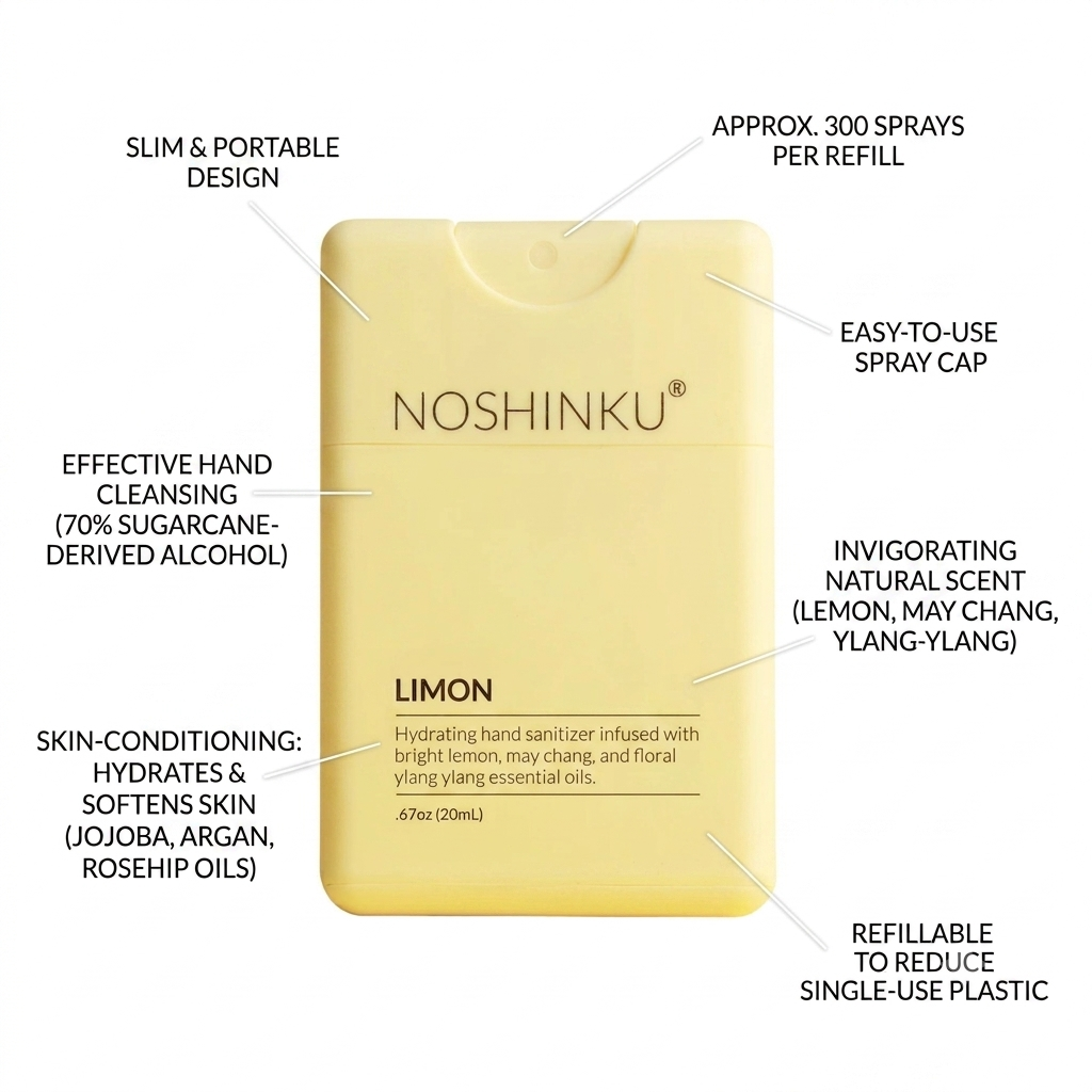 A yellow Noshinku hand sanitizer bottle on a white background with multiple callout text labels pointing to features and scent details.