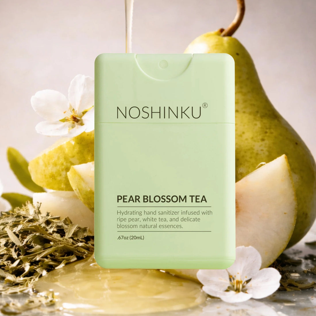 The Pharmacy Lab Noshinku Pear Blossom White Tea Pocket Sprayer hydrating hand sanitizer with ripe pear and white tea essence