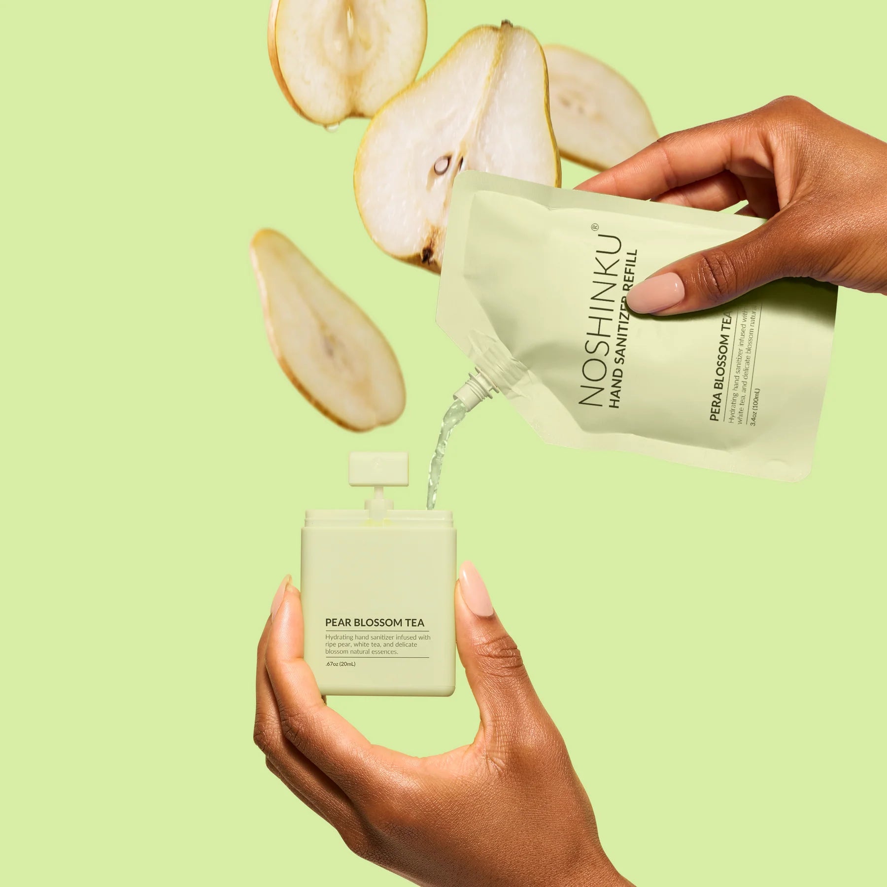 The Pharmacy Lab Noshinku Pear Blossom White Tea Pocket Sprayer refill pouch with hydrating sanitizer and fresh pear-inspired ingredients