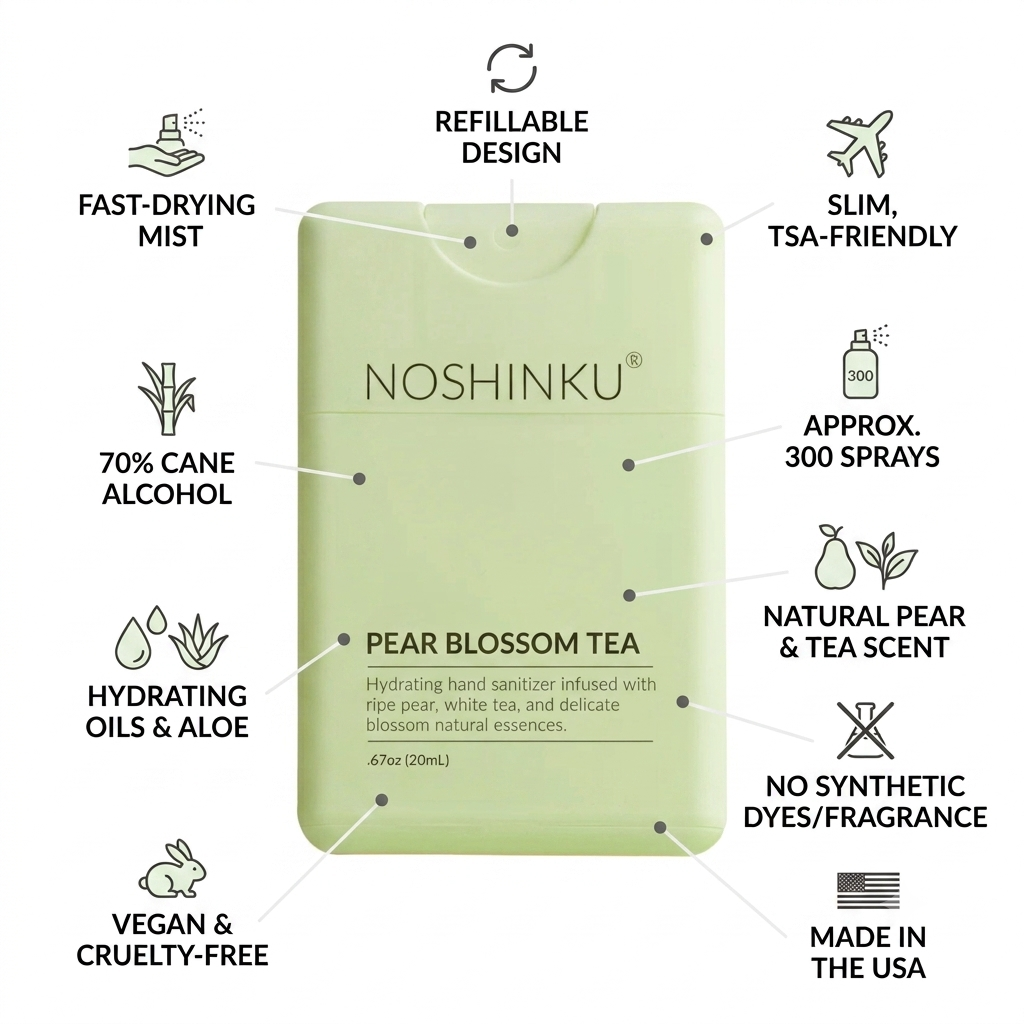 A centered product infographic for Noshinku Pear Blossom Tea hand sanitizer. The main subject is a rectangular refillable hand sanitizer bottle in a pale pear-green color, surrounded by callout lines and text describing features such as fast-drying mist, TSA-friendly slim design, 70% cane alcohol, hydrating oils and aloe, vegan and cruelty-free, and made in the USA.