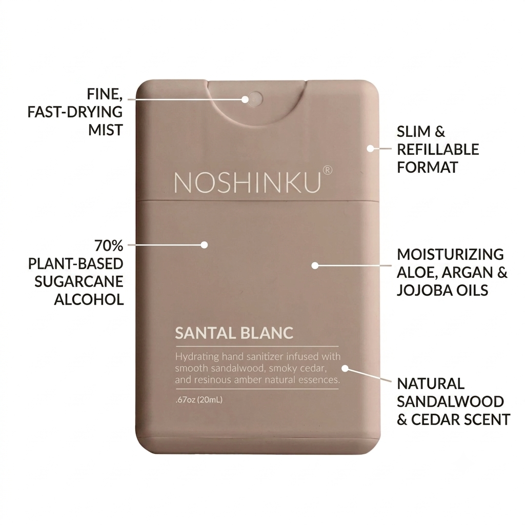 A single Noshinku Santal Blanc hand sanitizer refill bottle in a matte taupe-brown color, shown on a clean white background with multiple callout text overlays describing its features.