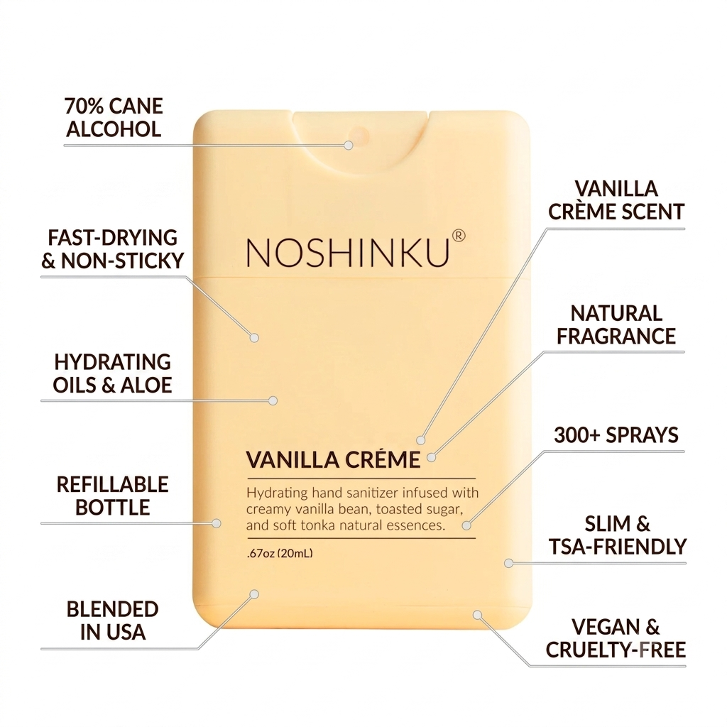 A Noshinku Vanilla Crème refillable hand sanitizer bottle on a white background with multiple callout lines and text describing its ingredients and features.