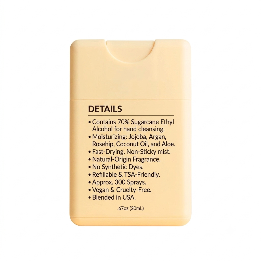 The Pharmacy Lab Noshinku Vanilla Crème Pocket Sprayer hydrating hand sanitizer with creamy vanilla bean, toasted sugar, and soft tonka notes