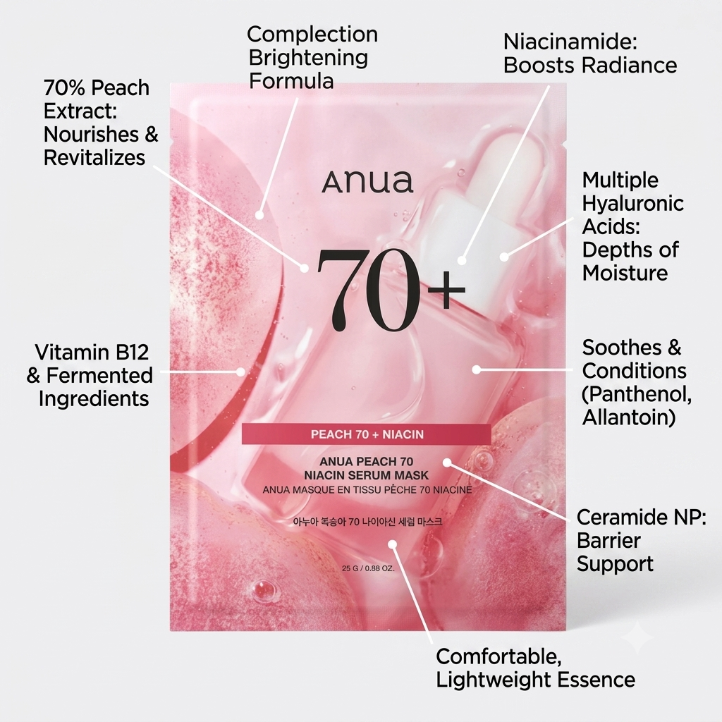 Anua 70+ Peach + Niacin serum mask packaging shown on a light gray background with white callout text labels pointing to features and ingredients.