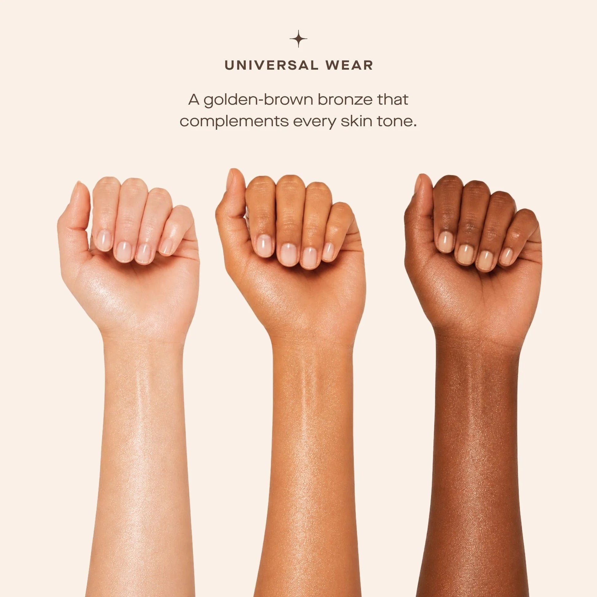 Three hands with different skin tones displaying a bronze color swatch on a beige background.