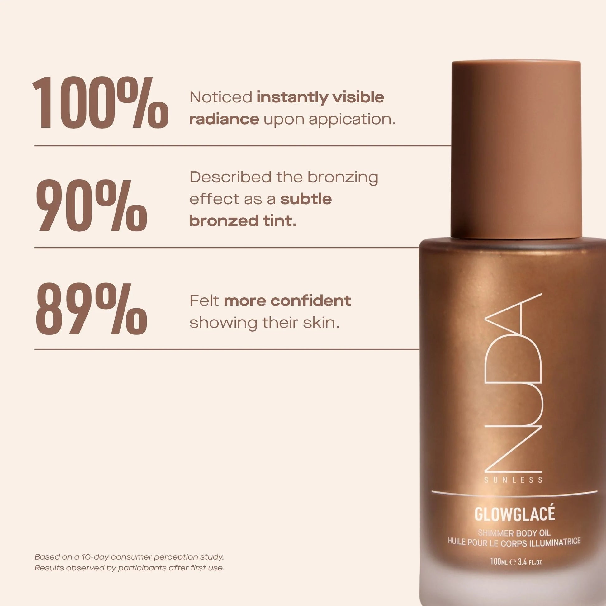 Brown bottle of Nuda Glowglace body oil with text on a beige background
