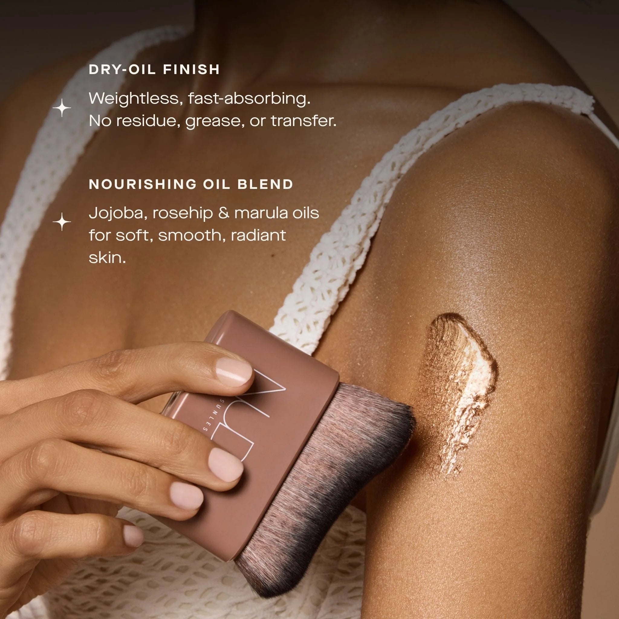 Person applying dry oil to their shoulder with a text overlay about the oil's properties.