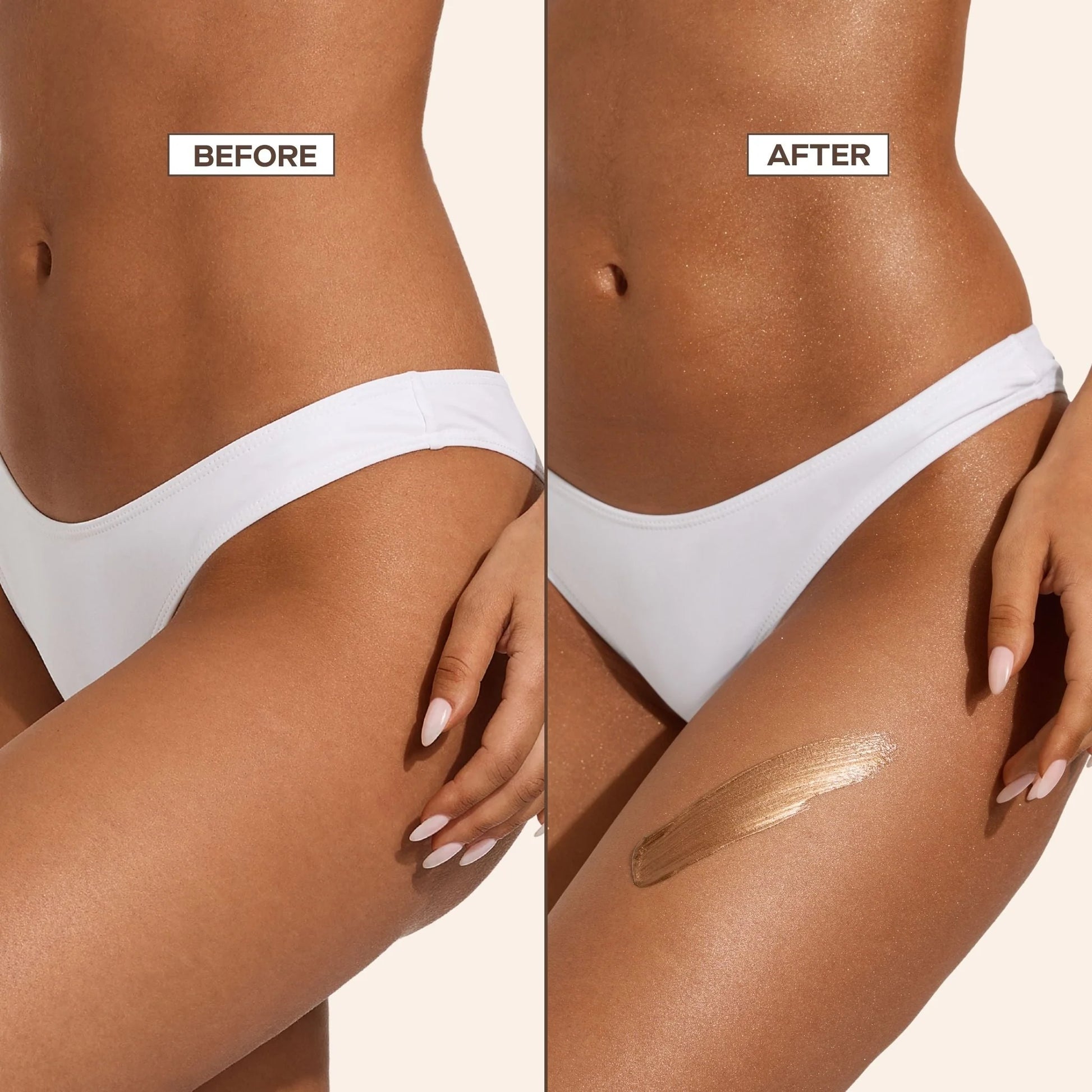 Before and after comparison of a person wearing white underwear with a tan product applied to the skin.