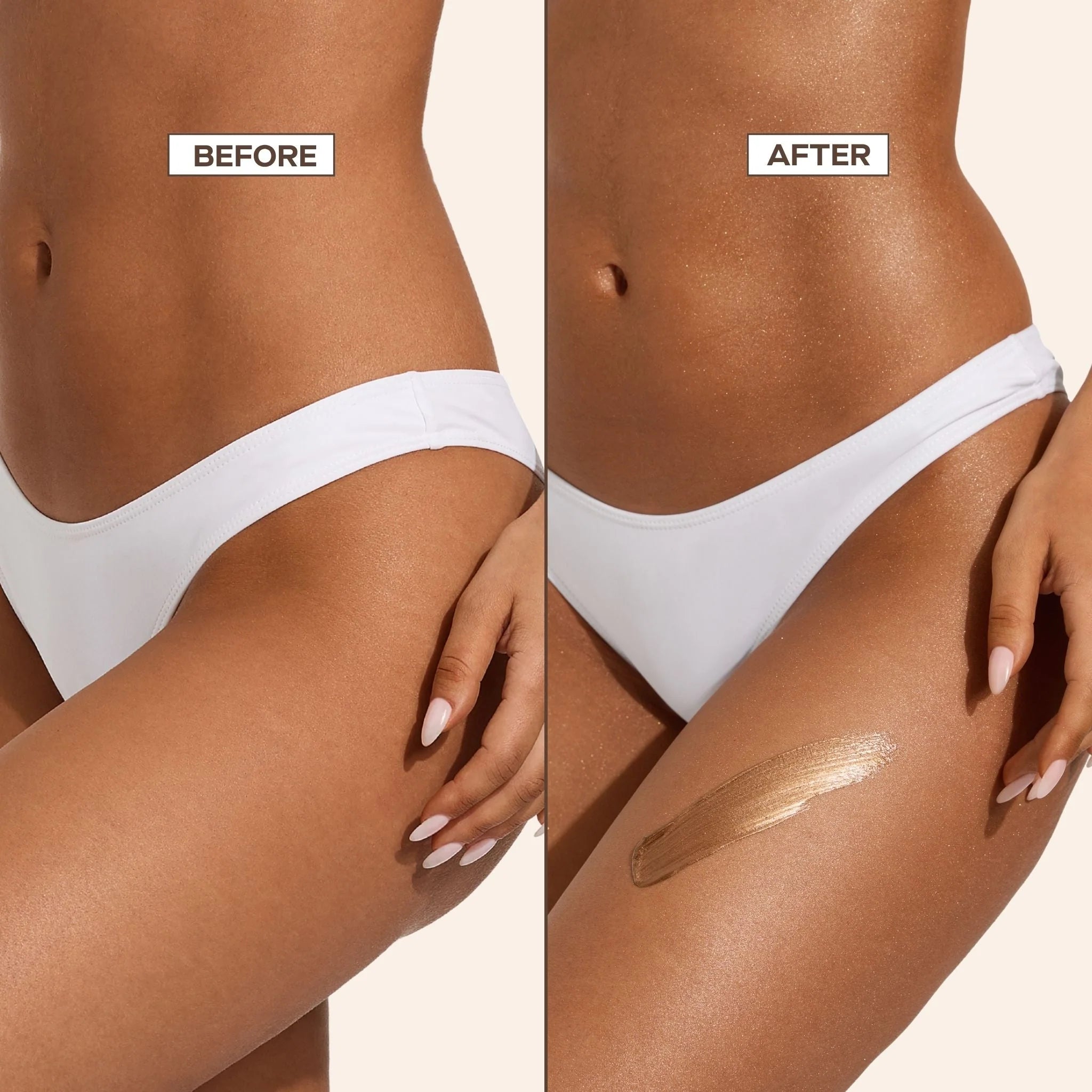 Before and after comparison of a person wearing white underwear with a tan product applied to the skin.