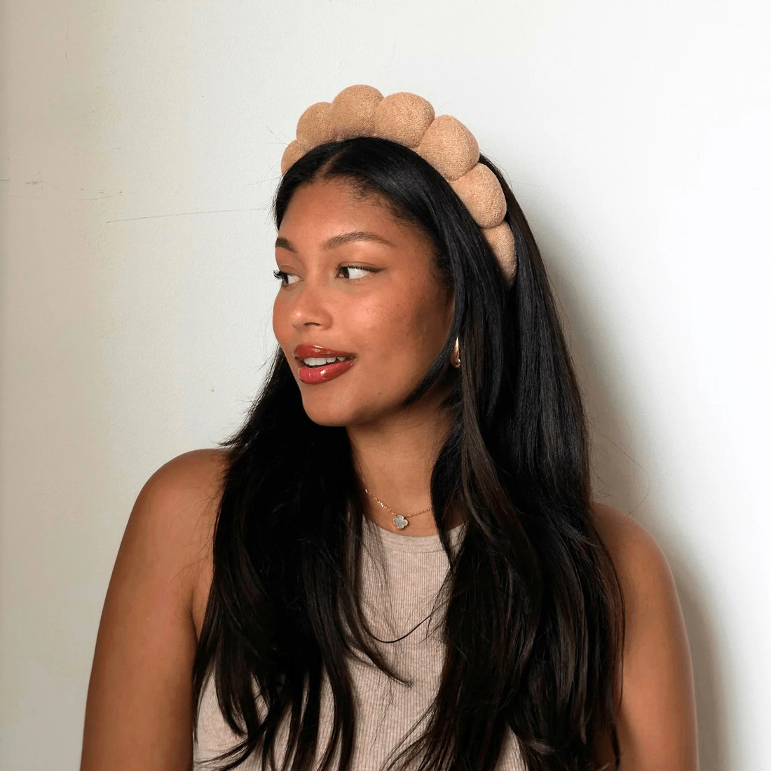The Pharmacy Lab NUDA GRWM Terry Headband in soft beige designed for comfortable skincare, makeup, and self-care routines