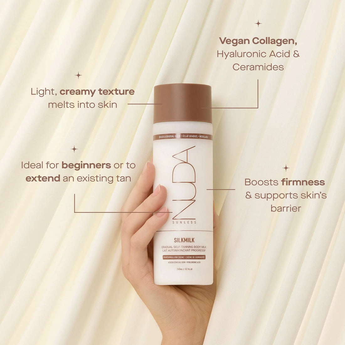 The Pharmacy Lab NUDA Silkmilk gradual self-tanning body milk with hyaluronic acid and vegan collagen for a natural sunless glow
