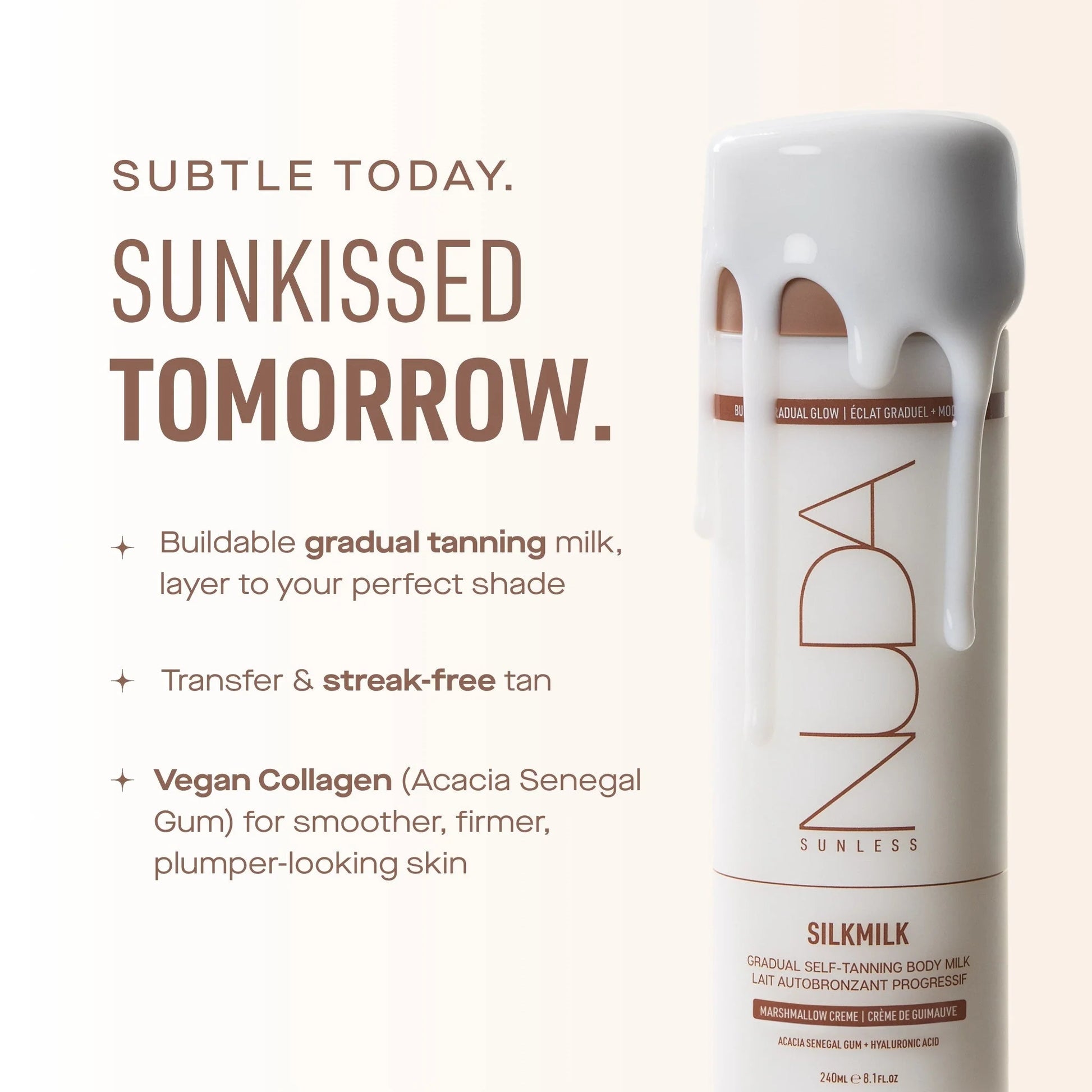 The Pharmacy Lab NUDA Silkmilk buildable gradual tanning milk for streak-free sunless tanning and hydrated glowing skin