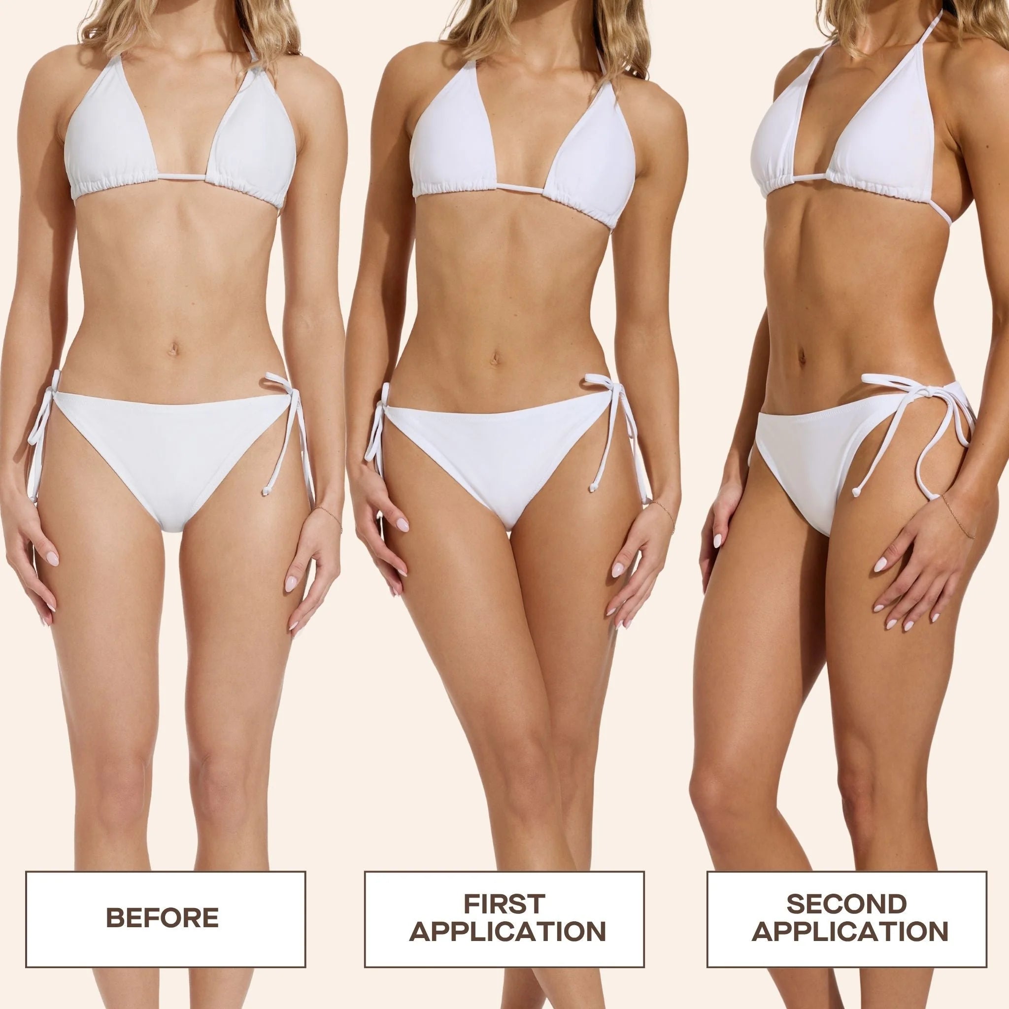 Before and after results of The Pharmacy Lab NUDA Silkmilk gradual self-tanning body milk showing natural buildable bronzed glow after multiple applications.