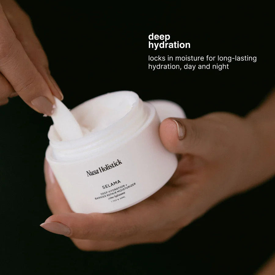White jar of skincare product with text about deep hydration on a black background