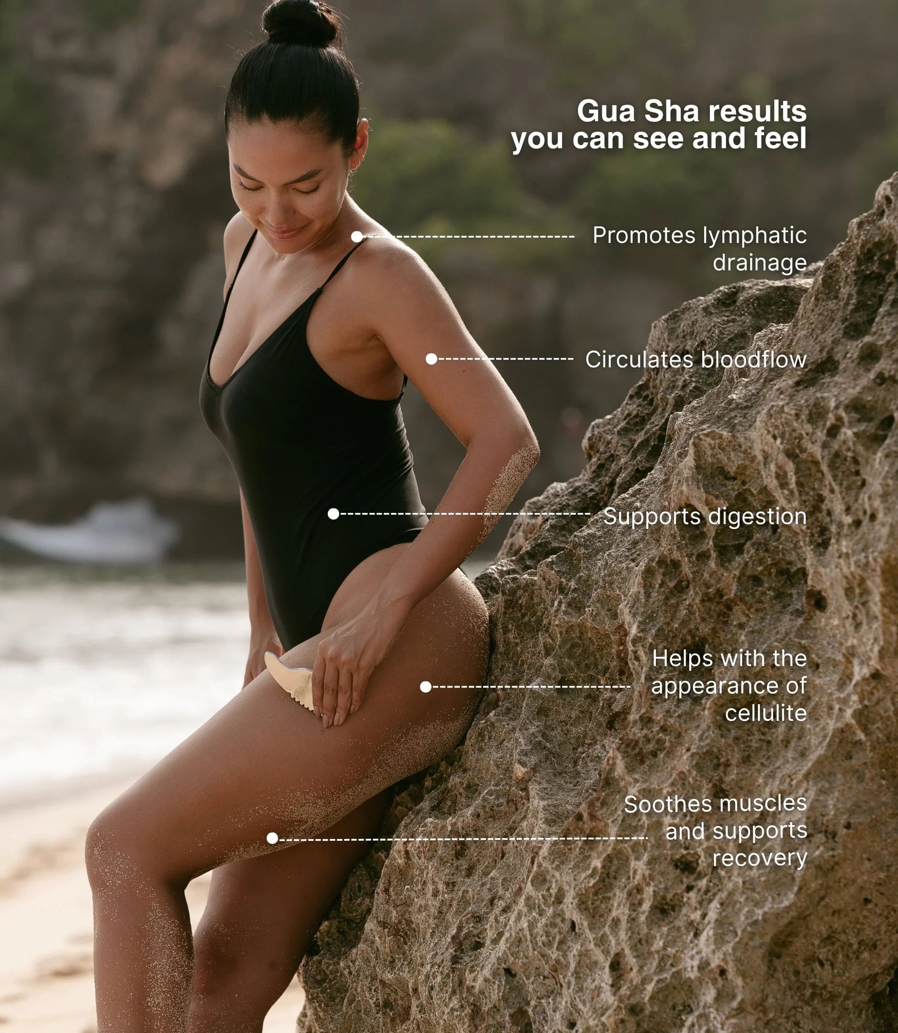 Woman sitting on a rock by the water, with text about Gua Sha benefits.