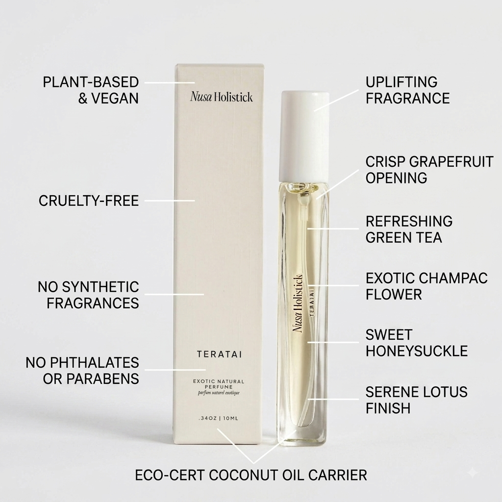 A perfume bottle and its box from Nuza Holistic, labeled with text callouts describing the fragrance notes and eco-friendly features, on a light gray background.