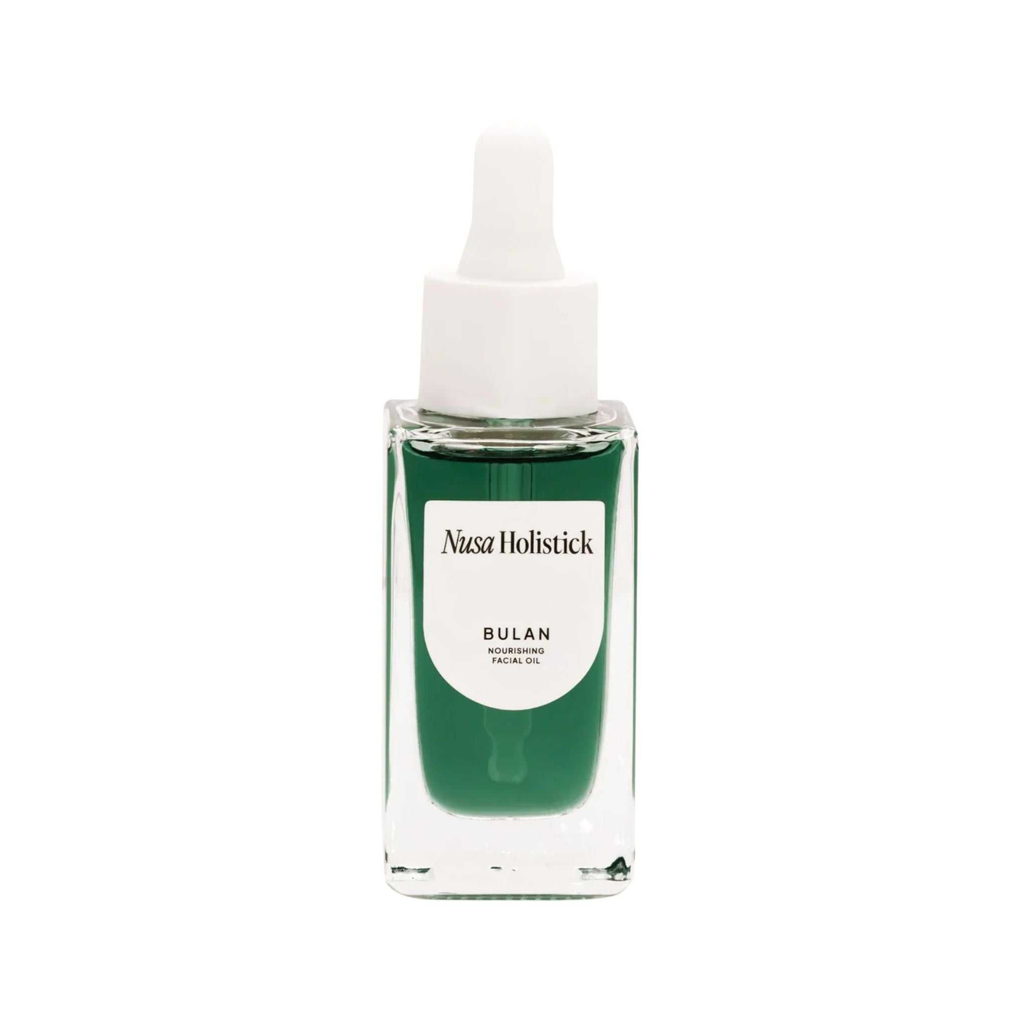 Green facial oil bottle with white cap on a white background