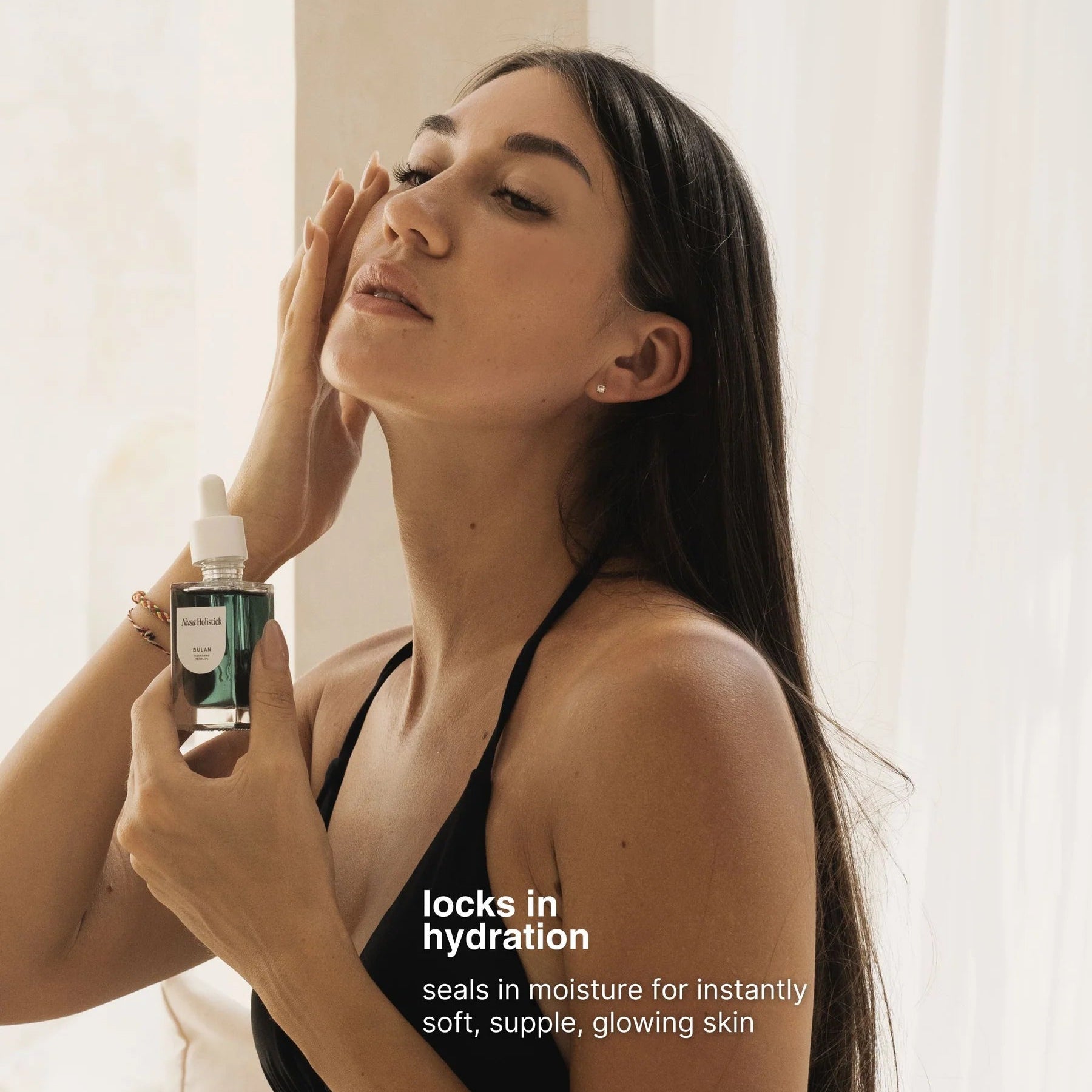 Woman applying skincare product with text about hydration benefits