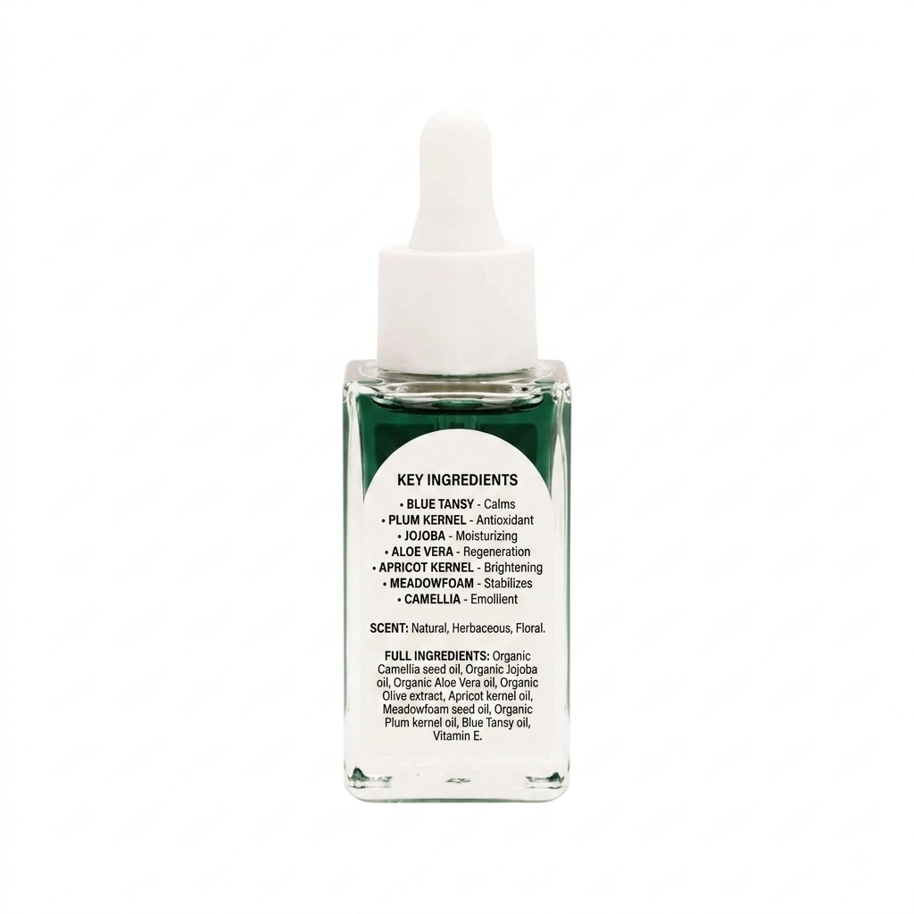 Green facial oil bottle with white cap on a white background