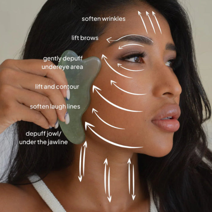 Woman applying skincare product with arrows indicating treatment areas on her face.