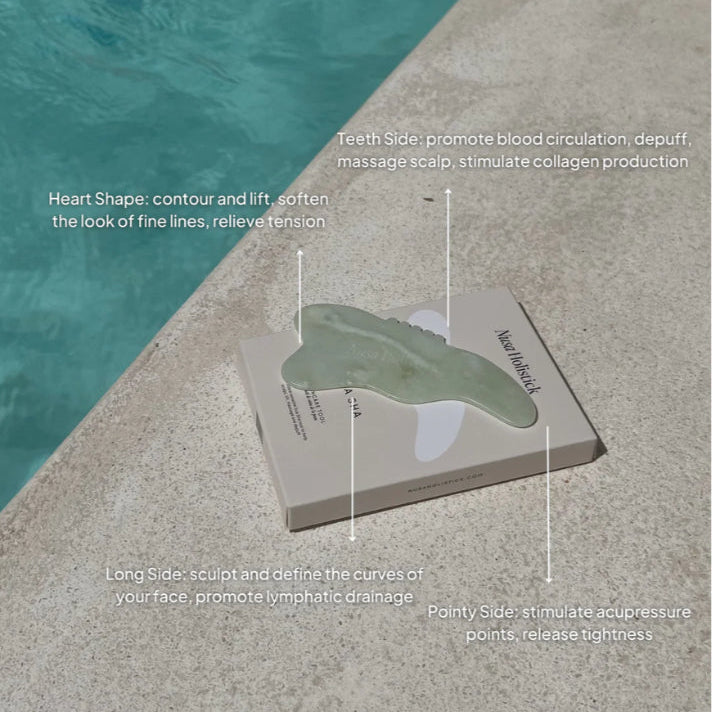 Product with labeled benefits near a pool