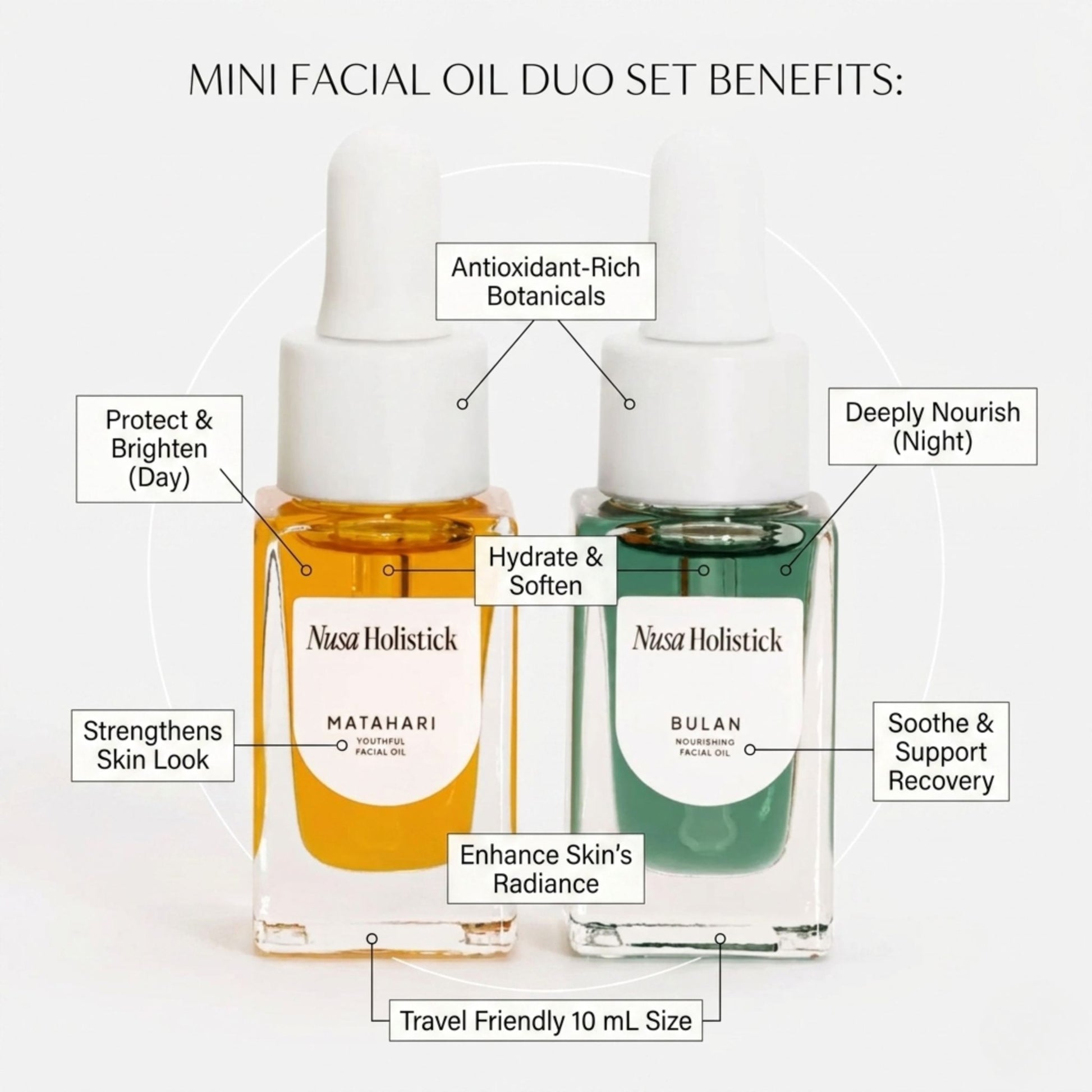 Two facial oil bottles with labels indicating their benefits and uses.