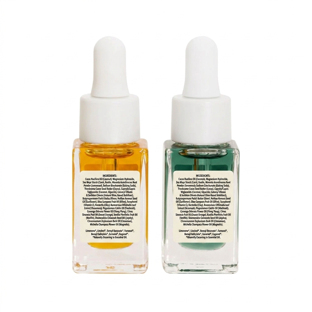 Two dropper bottles with different colored liquids on a white background