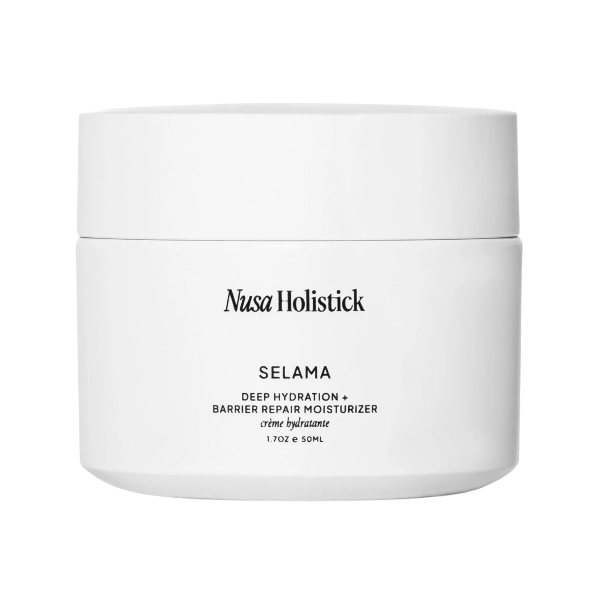 White jar of Nusa Holistick Selama moisturizer on a white background
