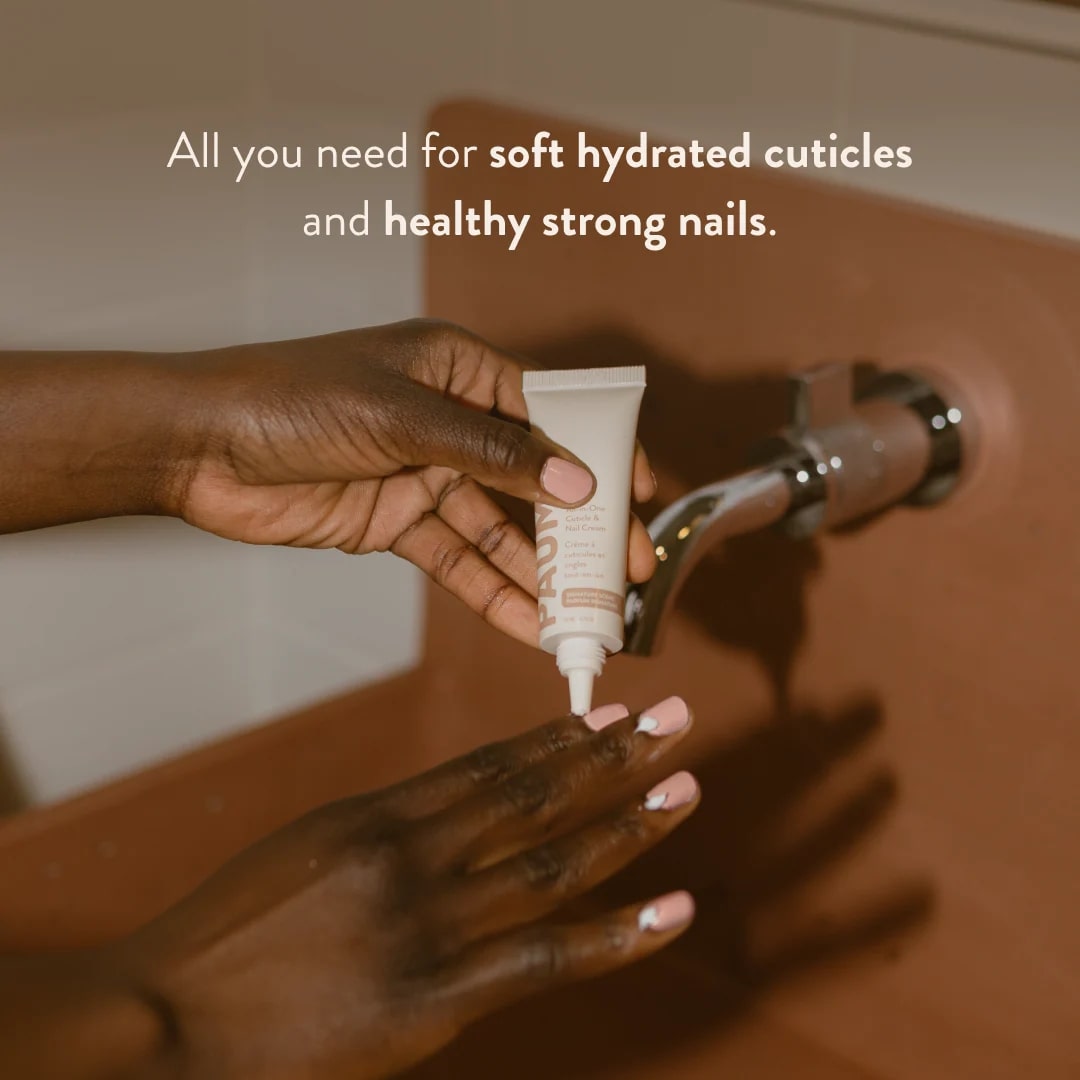Hand applying nail care product with text about cuticles and nails.