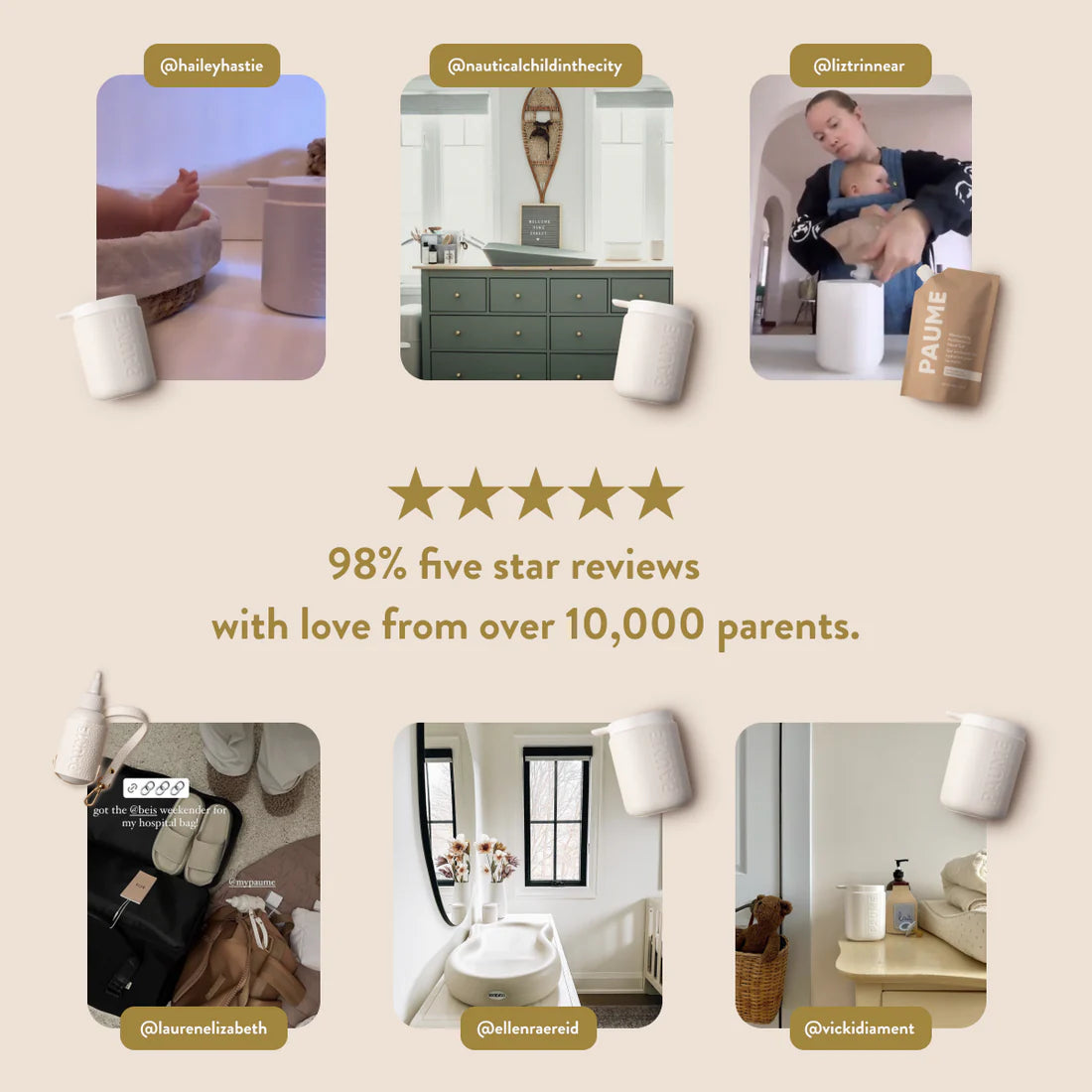 Collage of product images with a five-star rating text overlay on a beige background
