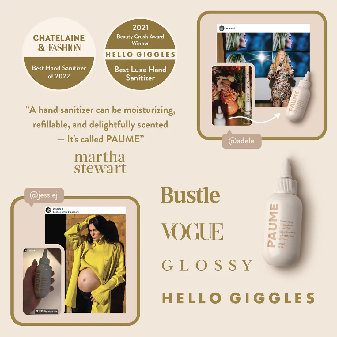 PAUME hand sanitizer with awards and social media mentions on a beige background
