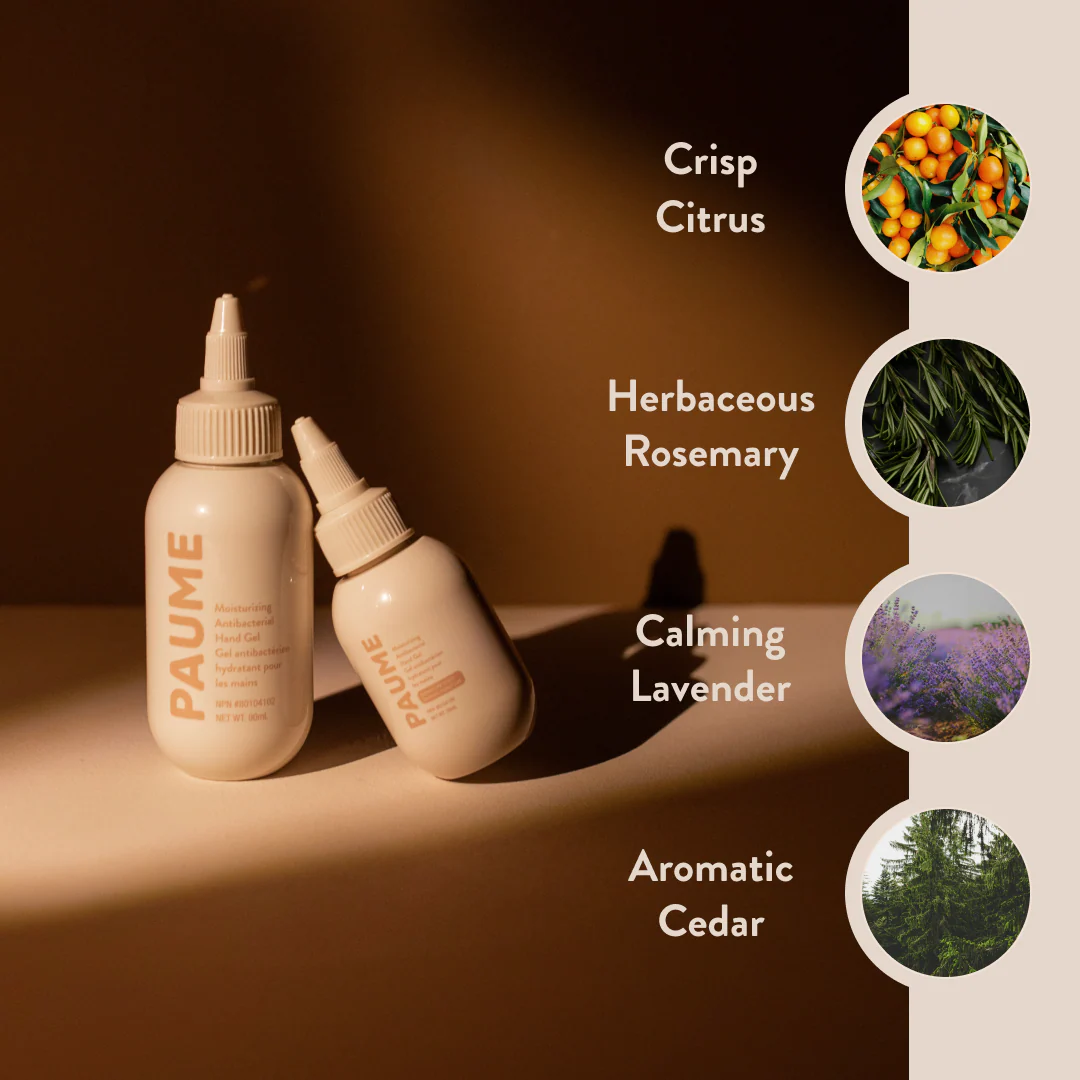 Two bottles of Palume product on a brown background with flavor descriptions and images.