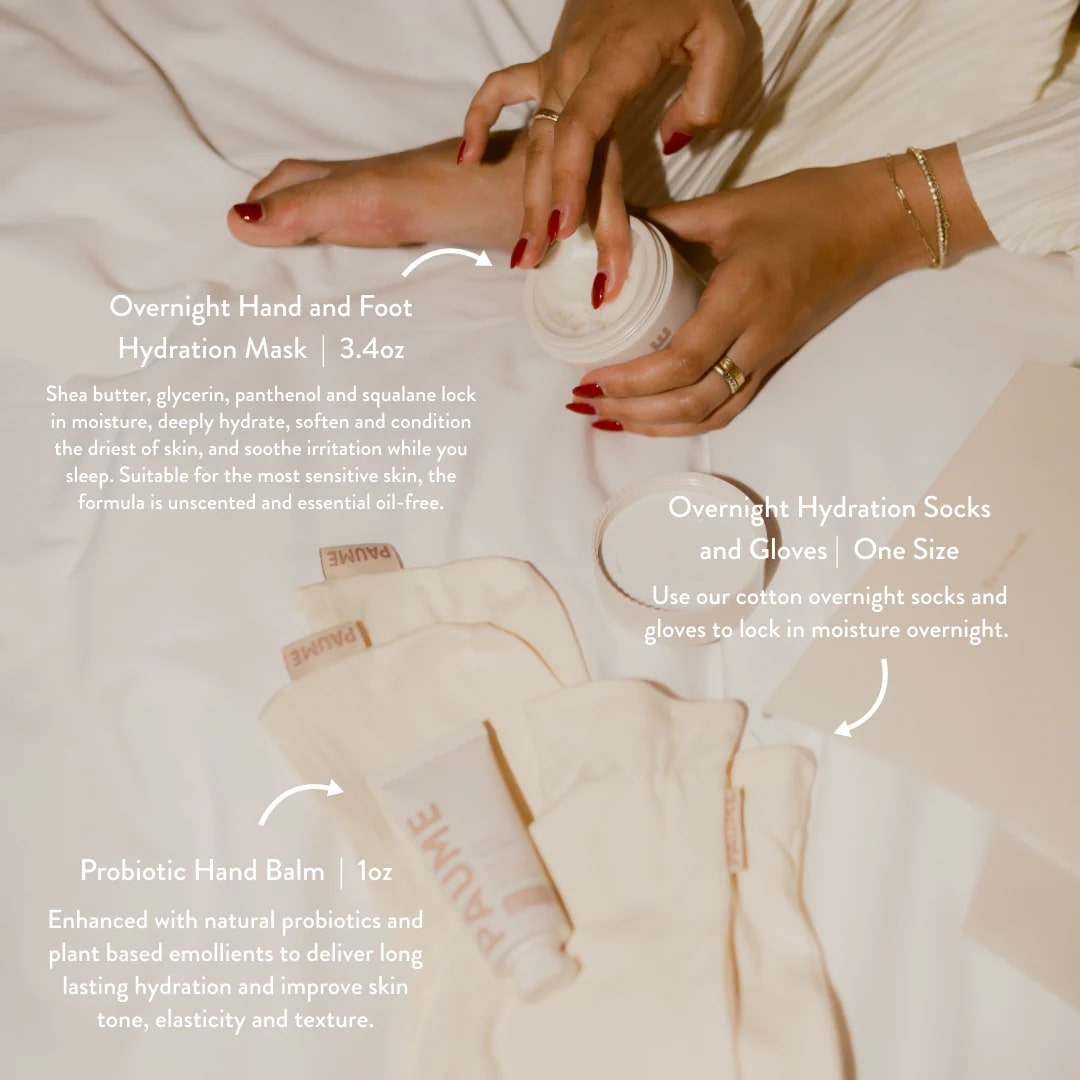 Person applying a skincare product with text detailing product names and features.