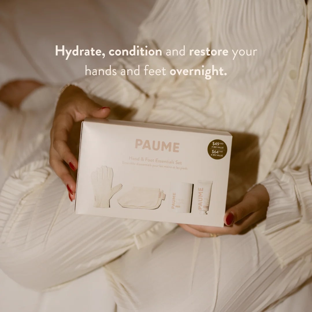Person holding a PAUME hand and foot care product set with text about overnight treatment.