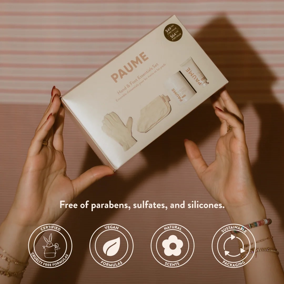 Box of 'PAUME' products held by hands with certification icons below on a striped background