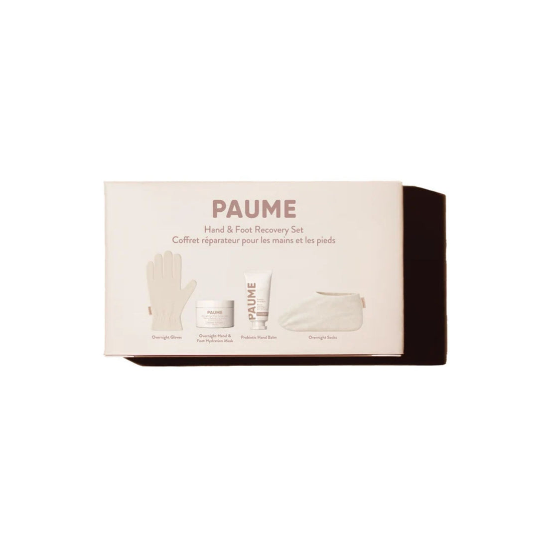 PAUME Hand & Foot Recovery Set in its original packaging, featuring a cream-colored box with illustrations of the included items: a hand glove, a jar of foot bath salts, a tube of foot cream, and a face mask.