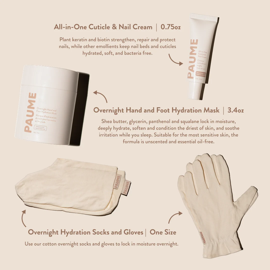 A PAUME skincare set on a warm beige background, featuring an All-In-One Cuticle & Nail Cream jar, an Overnight Hand and Foot Hydration Mask tube, Overnight Hydration Socks, and a pair of matching gloves with descriptive text and arrows.