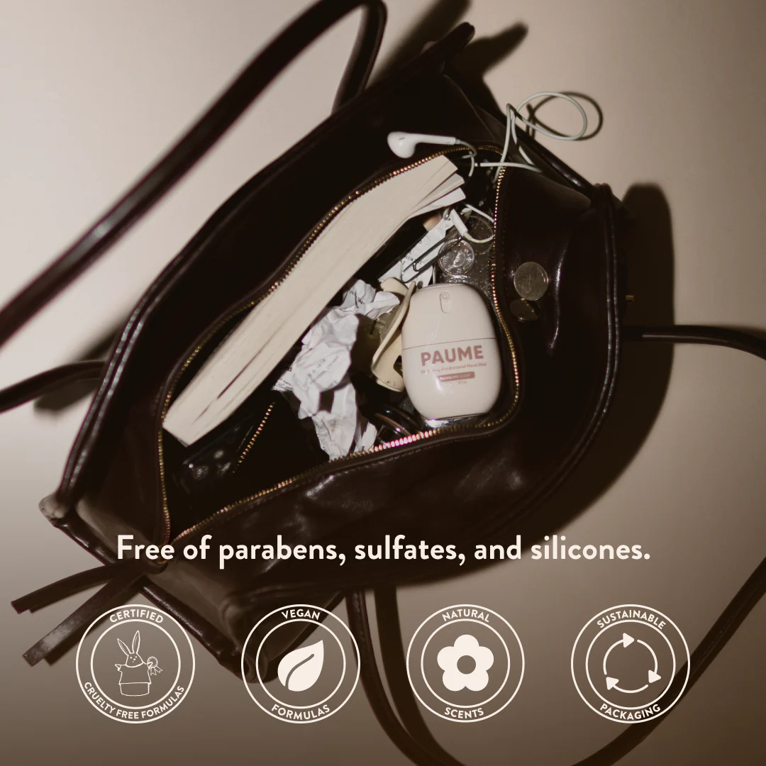 Open black handbag with cosmetic items and a bottle labeled 'PAUME' on a neutral background, with text about product features.