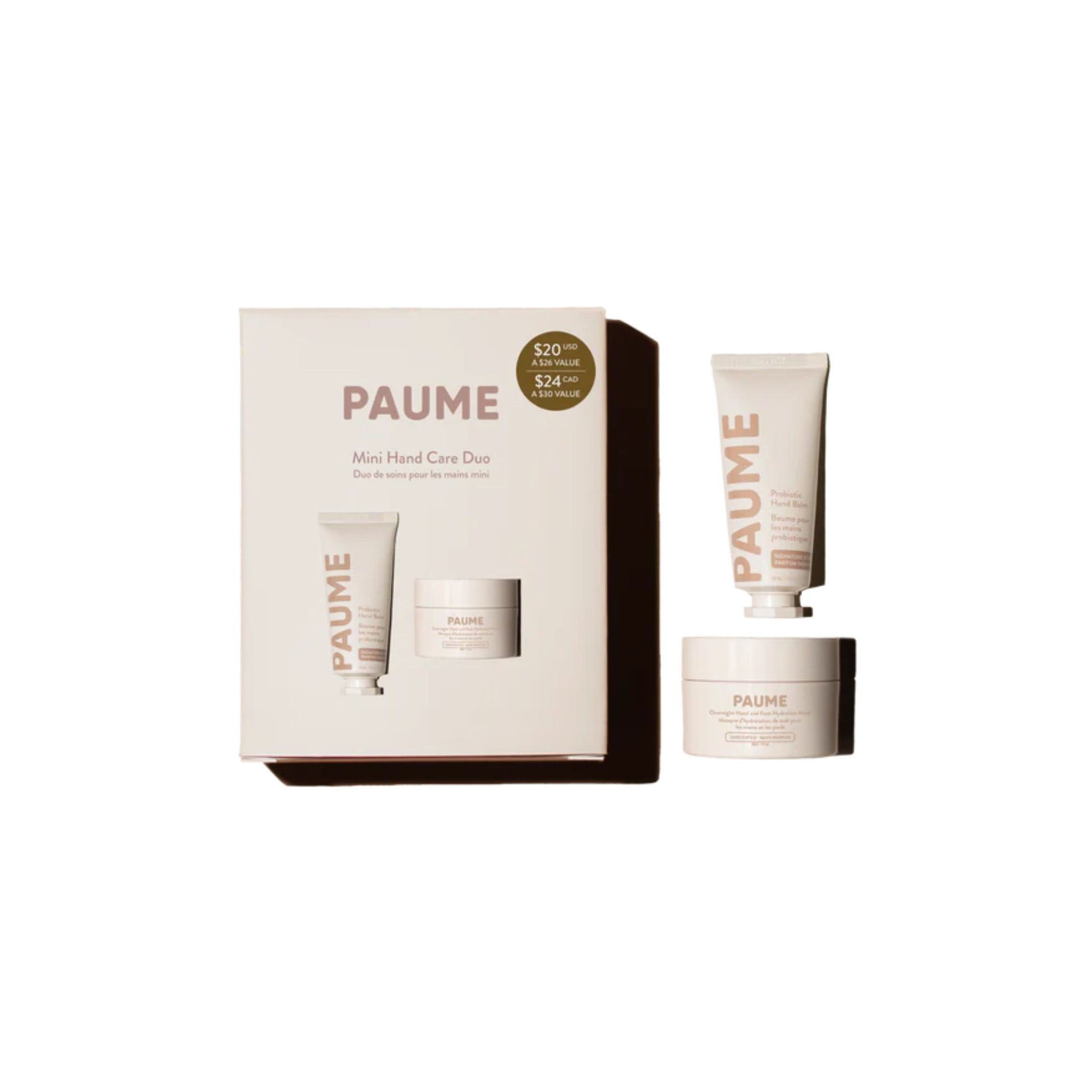PAUME skincare product set including a box, tube, and jar on a white background