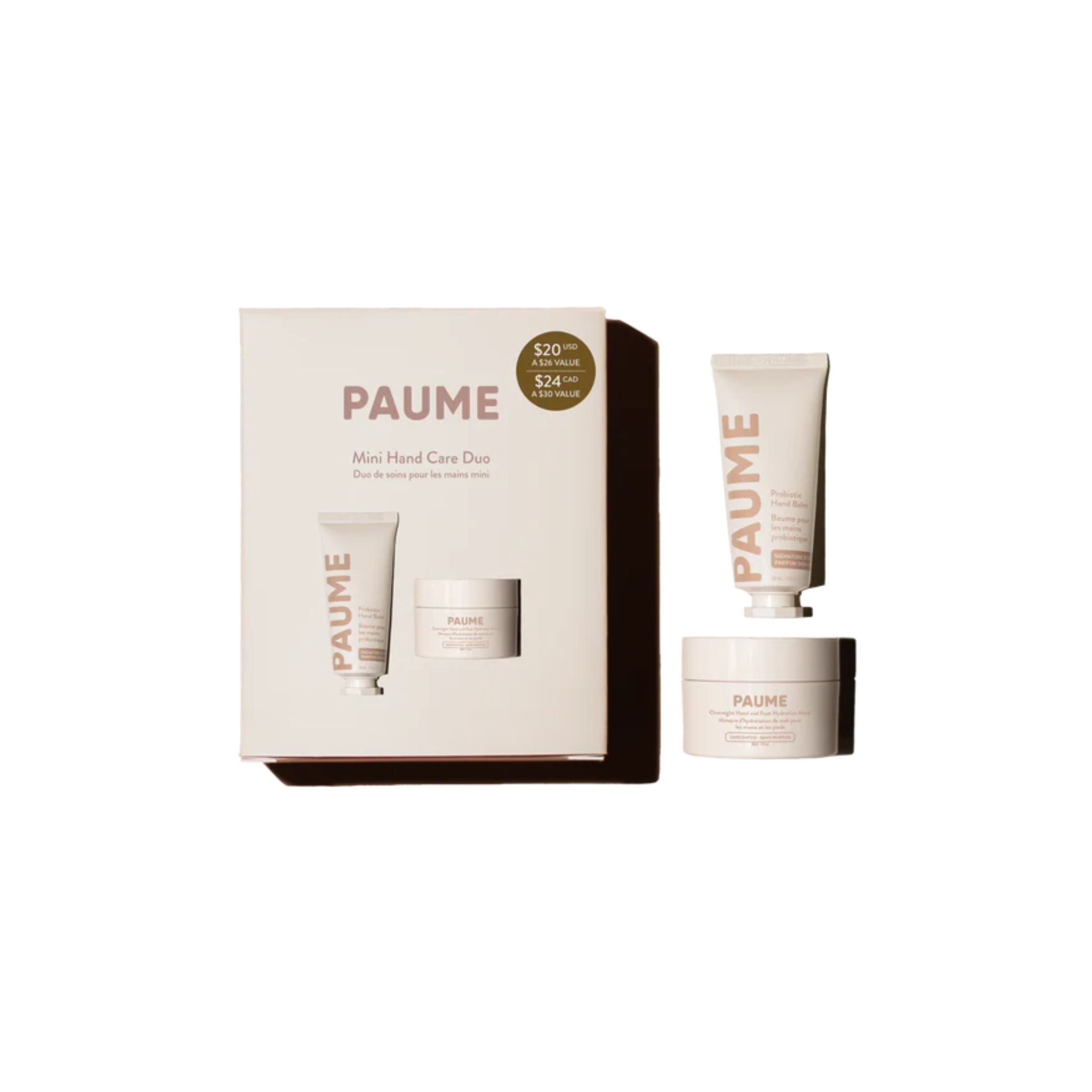 PAUME skincare product set including a box, tube, and jar on a white background