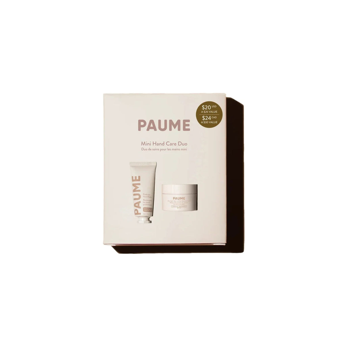 PAUME Mini Hand Care Duo box set on a clean white background, featuring a cream-colored packaging box with illustrations of a hand cream tube and jar, plus a small gold circular badge.
