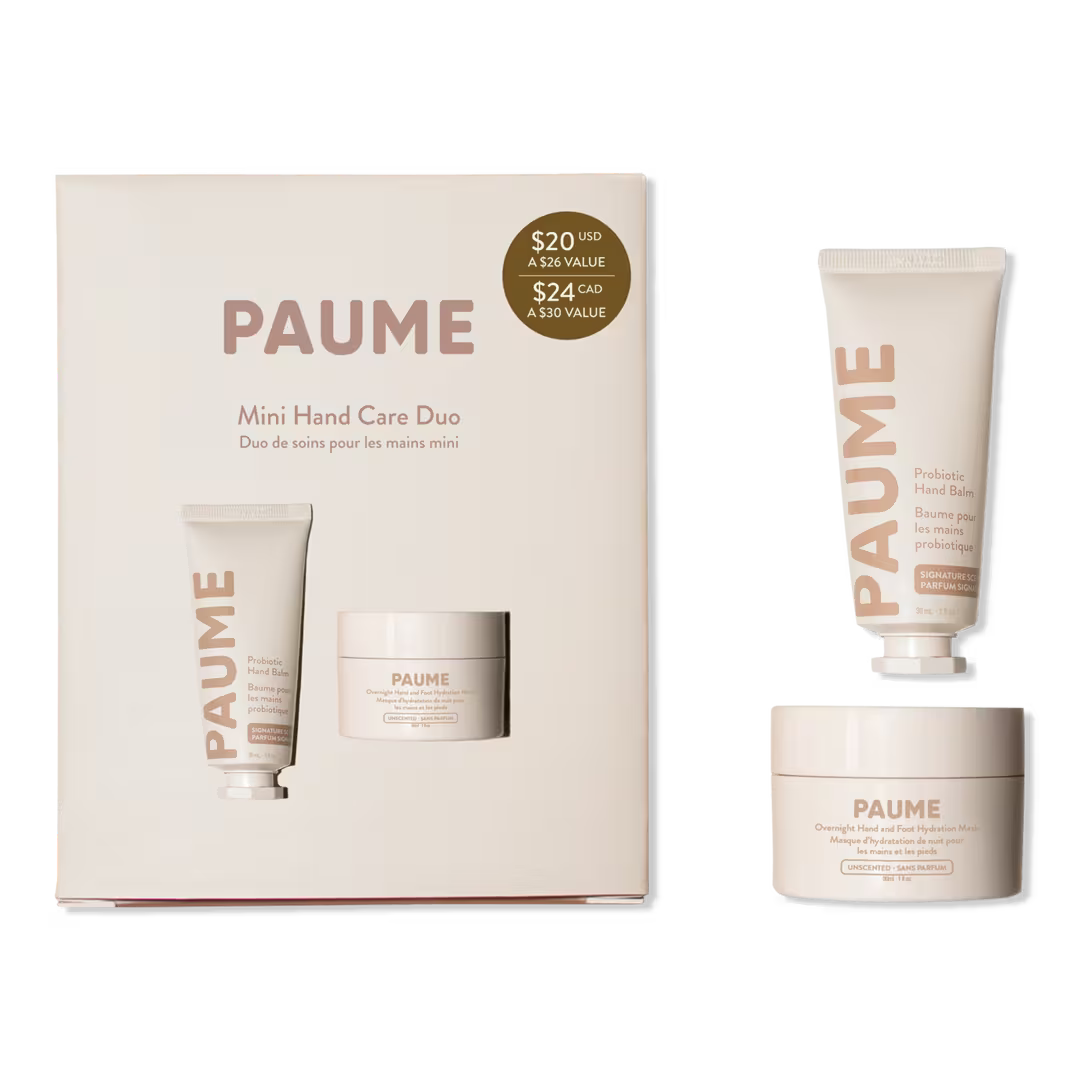 PAUME Mini Hand Care Duo set including a hand cream jar, hand wash tube, and matching gift box on a clean white background.