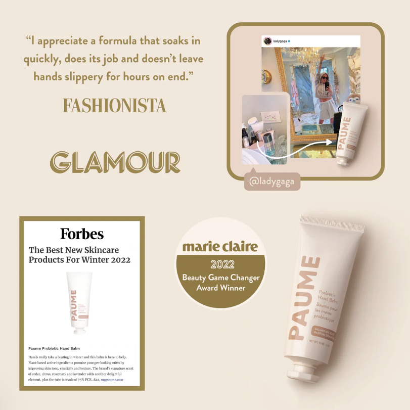 PAUME skincare product with accolades from Glamour, Forbes, and Marie Claire on a beige background
